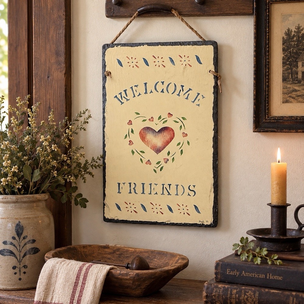 Vintage 1989 Hand Painted Slate Welcome Friends 15" Sign Folk Art Grannycore